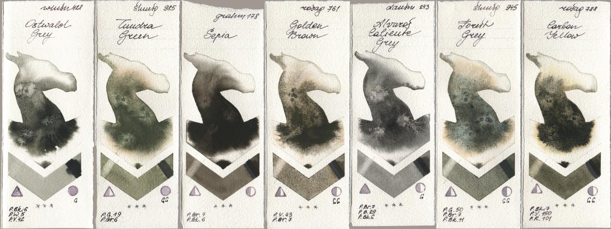 Winsor & Newton Professional 428 Ostwald Grey, Shminke Horadam Aquarell 985 Tundra Green, M. Graham & Co. Artists 178 Sepia, Rosa Gallery 761 Golden Brown, Daniel Smith 243 Alvaros Caliente Grey, 945 Forest Grey, 788 Carbon Yell watercolor swatch