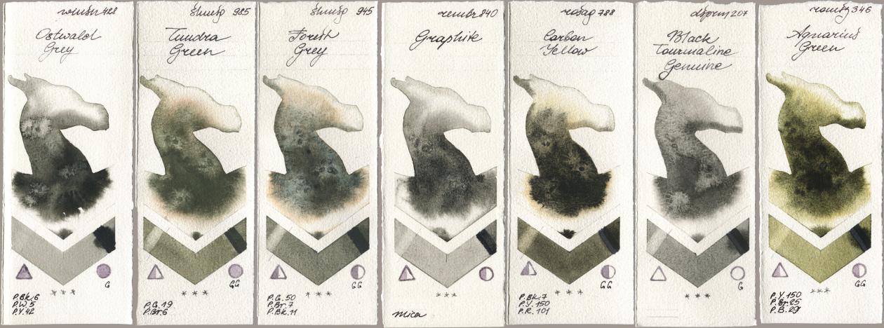 Winsor & Newton Professional 428 Ostwald Grey, Shminke Horadam Aquarell 985 Tundra Green, 945 Forest Grey, Royal Talens Rembrandt Watercolour 840 Graphite, Rosa Gallery 788 Carbon Yellow, Daniel Smith 207 Black Tourmaline Genuine, Roman Szmal Aquarius 346 Aquarius Gre watercolor swatch