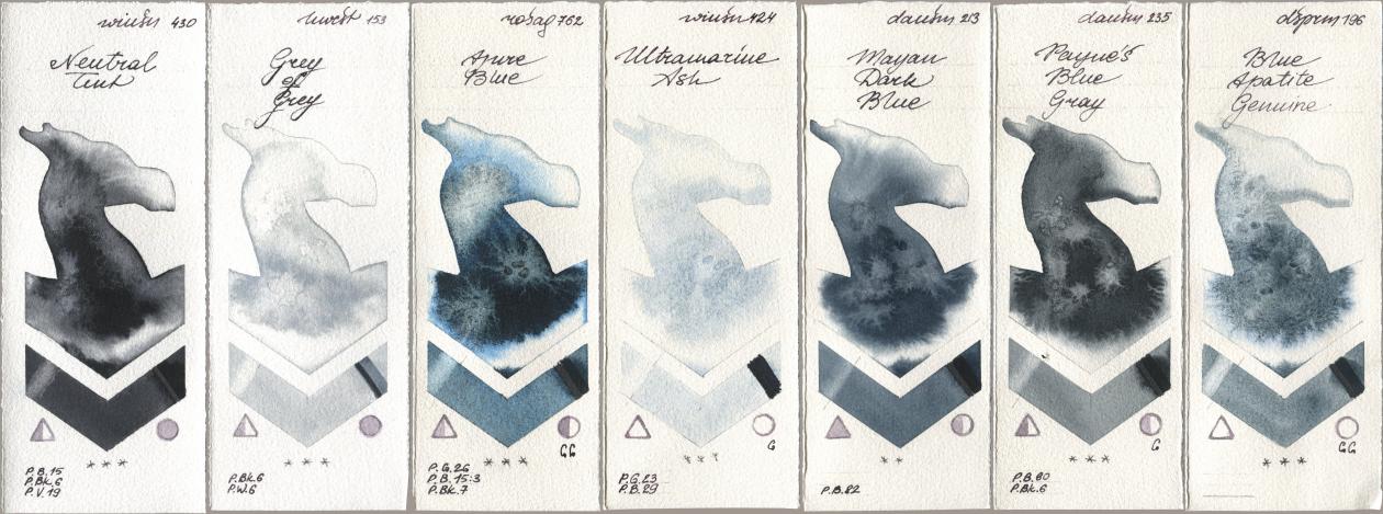 Winsor & Newton Professional 430 Neutral Tint, Holbein Artists Watercolor 153 Grey of Grey, Rosa Gallery 762 Azure Blue, 424 Ultramarine Ash, Daniel Smith 213 Mayan Dark Blue, 235 Paynes Blue Gray, 196 Blue Apatite Genui watercolor swatch