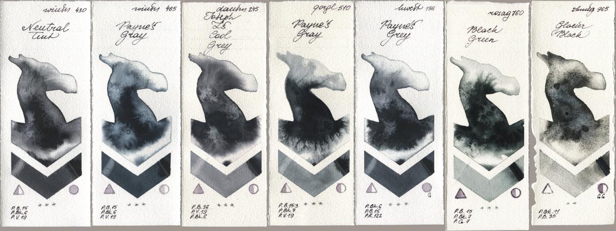 Winsor & Newton Professional 430 Neutral Tint, 465 Paynes Gray, Daniel Smith 245 Joseph Zs Cool Grey, Golden QOR 510 Paynes Gray, Holbein Artists Watercolor 156 Paynes Grey, Rosa Gallery 760 Black Green, Shminke Horadam Aquarell 965 Glacier Bla watercolor swatch