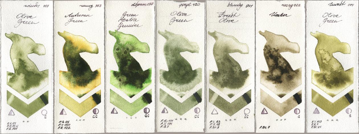 Winsor & Newton Professional 447 Olive Green, Roman Szmal Aquarius 363 Autumn Green, Daniel Smith 197 Green Apatite Genuine, Golden QOR 420 Olive Green, Shminke Horadam Aquarell 941 Forest Olive, Rosa Gallery 722 Umber, Holbein Artists Watercolor 074 Olive Gre watercolor swatch