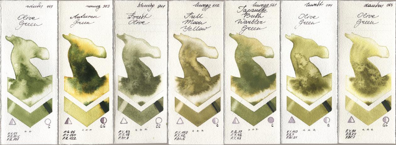 Winsor & Newton Professional 447 Olive Green, Roman Szmal Aquarius 363 Autumn Green, Shminke Horadam Aquarell 941 Forest Olive, Holbein Artists Watercolor 512 Full Moon Yellow, 521 Japanese Bush Warbler Green, 074 Olive Green, Daniel Smith 063 Olive Gre watercolor swatch