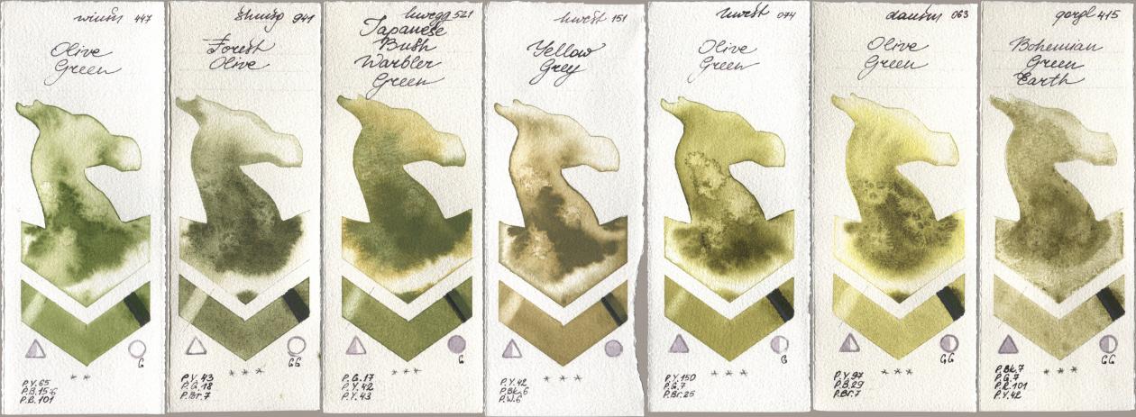 Winsor & Newton Professional 447 Olive Green, Shminke Horadam Aquarell 941 Forest Olive, Holbein Artists Watercolor 521 Japanese Bush Warbler Green, 151 Yellow Grey, 074 Olive Green, Daniel Smith 063 Olive Green, Golden QOR 415 Bohemian Green Ear watercolor swatch