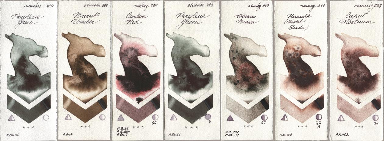 Winsor & Newton Professional 460 Perylene Green, Shminke Horadam Aquarell 668 Burnt Umber, Rosa Gallery 769 Carbon Red, 784 Perylene Green, 915 Volcano Brown, Roman Szmal Aquarius 248 Hematite (Violet Shade), 239 Caput Mortu watercolor swatch