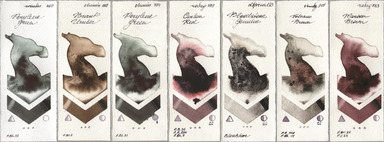 Winsor & Newton Professional 460 Perylene Green, Shminke Horadam Aquarell 668 Burnt Umber, 784 Perylene Green, Rosa Gallery 769 Carbon Red, Daniel Smith 193 Bloodstone Genuine, 915 Volcano Brown, 763 Maroon Bro watercolor swatch