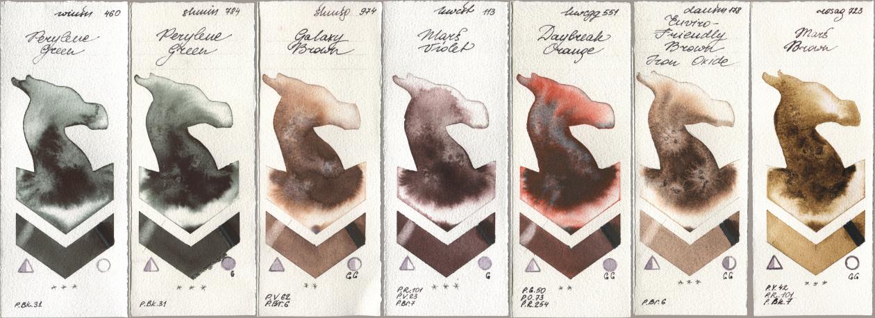 Winsor & Newton Professional 460 Perylene Green, Shminke Horadam Aquarell 784 Perylene Green, 974 Galaxy Brown, Holbein Artists Watercolor 113 Mars Violet, 551 Daybreak Orange, Daniel Smith 178 Enviro-Friendly Brown Iron Oxide, Rosa Gallery 723 Mars Bro watercolor swatch