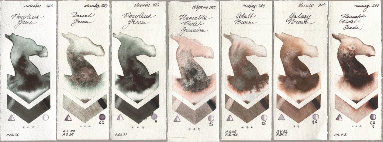 Winsor & Newton Professional 460 Perylene Green, Shminke Horadam Aquarell 924 Desert Green, 784 Perylene Green, Daniel Smith 157 Hematite Violet Genuine, Rosa Gallery 784 Cobalt Brown, 974 Galaxy Brown, Roman Szmal Aquarius 248 Hematite (Violet Shad watercolor swatch