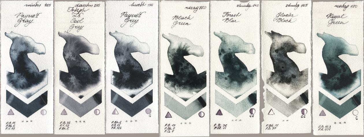 Winsor & Newton Professional 465 Paynes Gray, Daniel Smith 245 Joseph Zs Cool Grey, Holbein Artists Watercolor 156 Paynes Grey, Rosa Gallery 760 Black Green, Shminke Horadam Aquarell 943 Forest Blue, 965 Glacier Black, 780 Royal Gre watercolor swatch