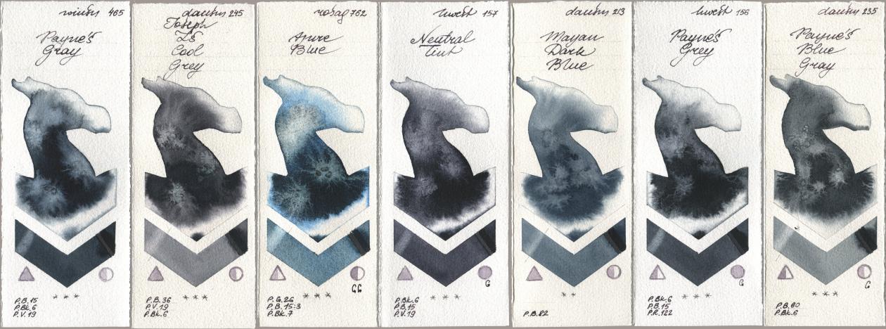 Winsor & Newton Professional 465 Paynes Gray, Daniel Smith 245 Joseph Zs Cool Grey, Rosa Gallery 762 Azure Blue, Holbein Artists Watercolor 157 Neutral Tint, 213 Mayan Dark Blue, 156 Paynes Grey, 235 Paynes Blue Gr watercolor swatch