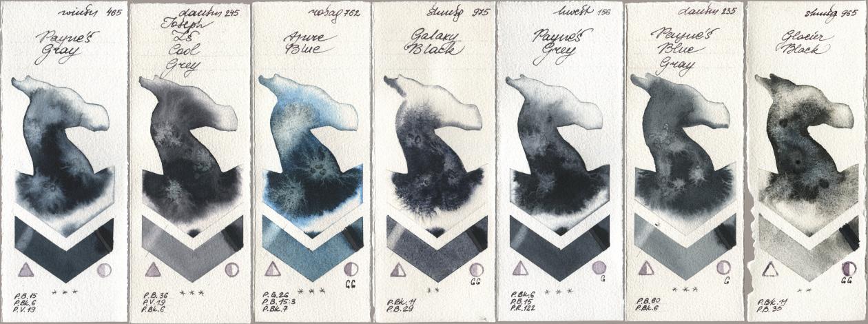 Winsor & Newton Professional 465 Paynes Gray, Daniel Smith 245 Joseph Zs Cool Grey, Rosa Gallery 762 Azure Blue, Shminke Horadam Aquarell 975 Galaxy Black, Holbein Artists Watercolor 156 Paynes Grey, 235 Paynes Blue Gray, 965 Glacier Bla watercolor swatch