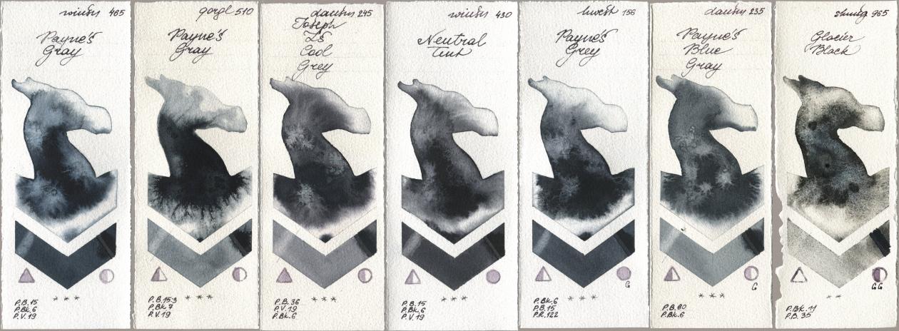 Winsor & Newton Professional 465 Paynes Gray, Golden QOR 510 Paynes Gray, Daniel Smith 245 Joseph Zs Cool Grey, 430 Neutral Tint, Holbein Artists Watercolor 156 Paynes Grey, 235 Paynes Blue Gray, Shminke Horadam Aquarell 965 Glacier Bla watercolor swatch