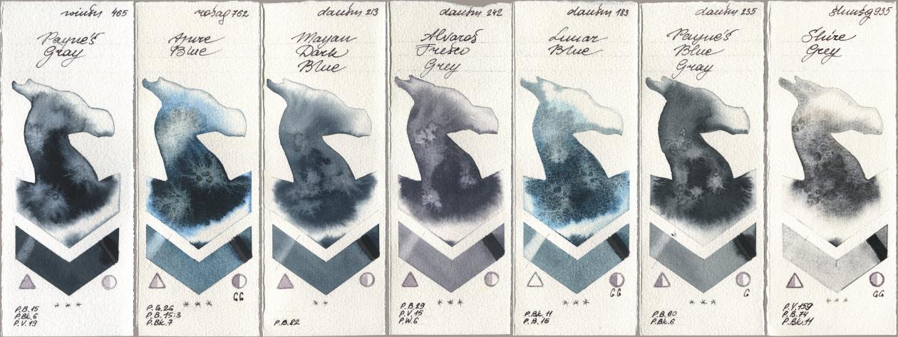 Winsor & Newton Professional 465 Paynes Gray, Rosa Gallery 762 Azure Blue, Daniel Smith 213 Mayan Dark Blue, 242 Alvaros Fresco Grey, 183 Lunar Blue, 235 Paynes Blue Gray, Shminke Horadam Aquarell 935 Shire Gr watercolor swatch