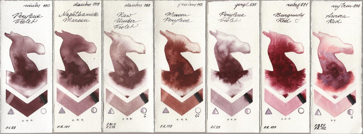 Winsor & Newton Professional 470 Perylene Violet, Daniel Smith 059 Naphthamide Maroon, 098 Raw Umber Violet, M. Graham & Co. Artists 113 Maroon Perylene, Golden QOR 635 Perylene Violet, Rosa Gallery 781 Burgundy Red, Mijello Mission Gold 806 Aurora R watercolor swatch