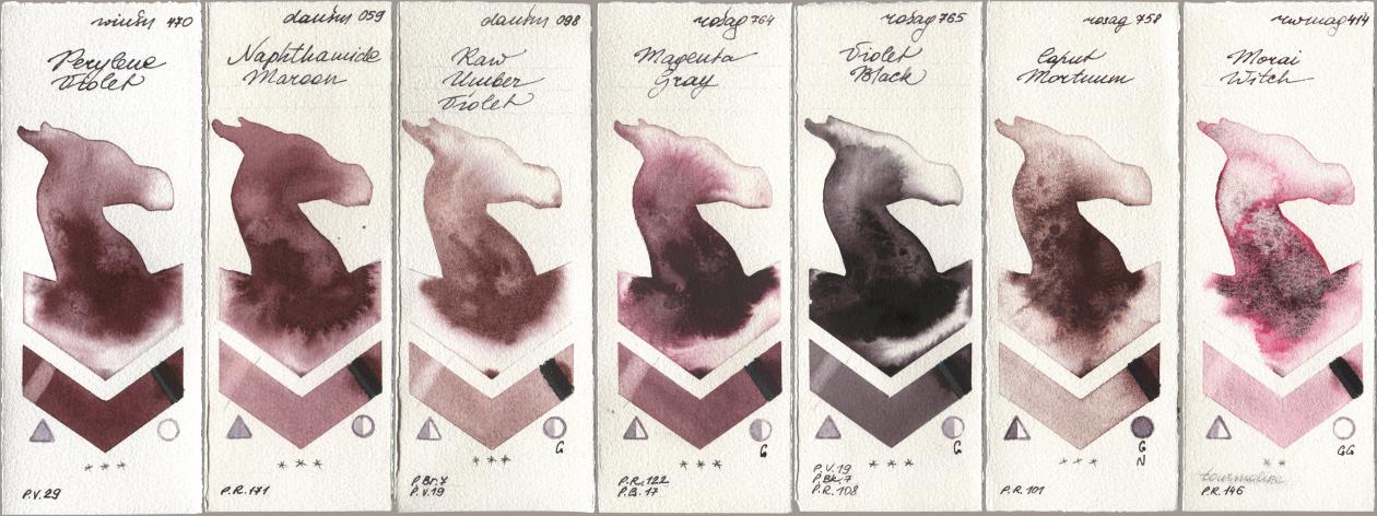 Winsor & Newton Professional 470 Perylene Violet, Daniel Smith 059 Naphthamide Maroon, 098 Raw Umber Violet, Rosa Gallery 764 Magenta Gray, 765 Violet Black, 758 Caput Mortuum, Rockwell 414 Morai Wit watercolor swatch