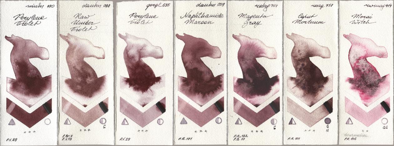 Winsor & Newton Professional 470 Perylene Violet, Daniel Smith 098 Raw Umber Violet, Golden QOR 635 Perylene Violet, 059 Naphthamide Maroon, Rosa Gallery 764 Magenta Gray, 758 Caput Mortuum, Rockwell 414 Morai Wit watercolor swatch