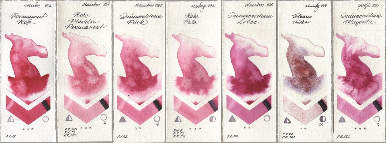 Winsor & Newton Professional 502 Permanent Rose, Daniel Smith 237 Rose Madder Permanent, 095 Quinacridone Pink, Rosa Gallery 793 Rose Pale, 236 Quinacridone Lilac, Shminke Horadam Aquarell 914 Volcano Violet, Golden QOR 265 Quinacridone Magen watercolor swatch