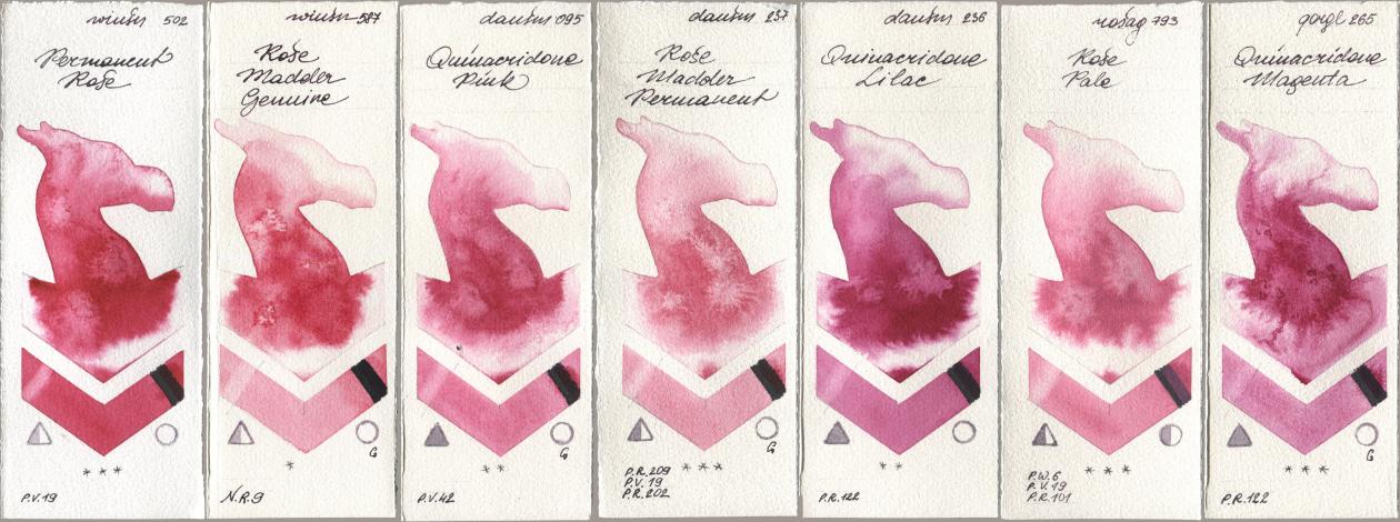 Winsor & Newton Professional 502 Permanent Rose, 587 Rose Madder Genuine, Daniel Smith 095 Quinacridone Pink, 237 Rose Madder Permanent, 236 Quinacridone Lilac, Rosa Gallery 793 Rose Pale, Golden QOR 265 Quinacridone Magen watercolor swatch