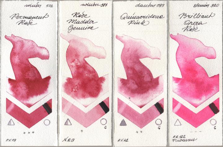 Winsor & Newton Professional 502 Permanent Rose, 587 Rose Madder Genuine, Daniel Smith 095 Quinacridone Pink, Shminke Horadam Aquarell 920 Brilliant Opera Ro watercolor swatch