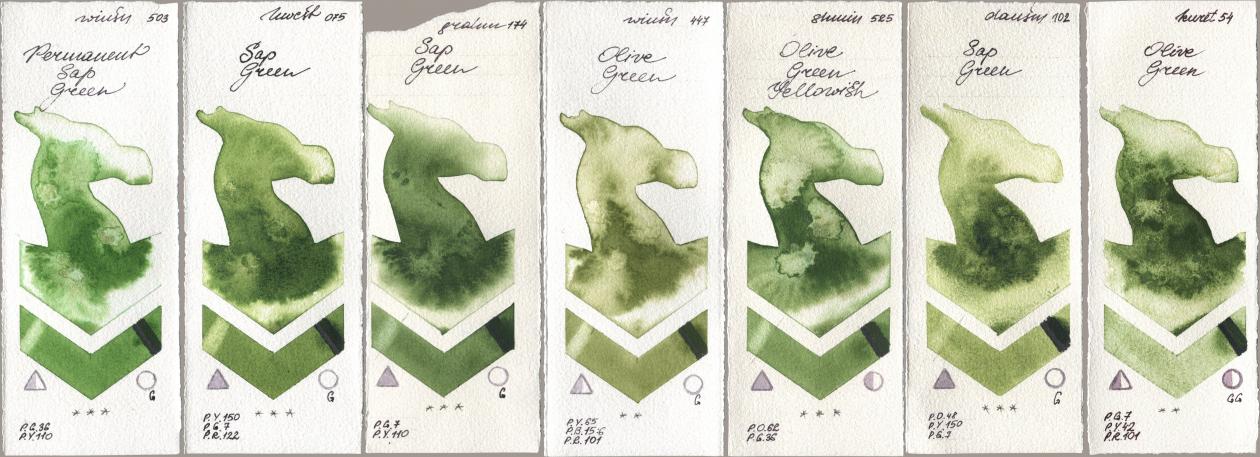 Winsor & Newton Professional 503 Permanent Sap Green, Holbein Artists Watercolor 075 Sap Green, M. Graham & Co. Artists 174 Sap Green, 447 Olive Green, Shminke Horadam Aquarell 525 Olive Green Yellowish, Daniel Smith 102 Sap Green, Kuretake Gansai Tambi 054 Olive Gre watercolor swatch