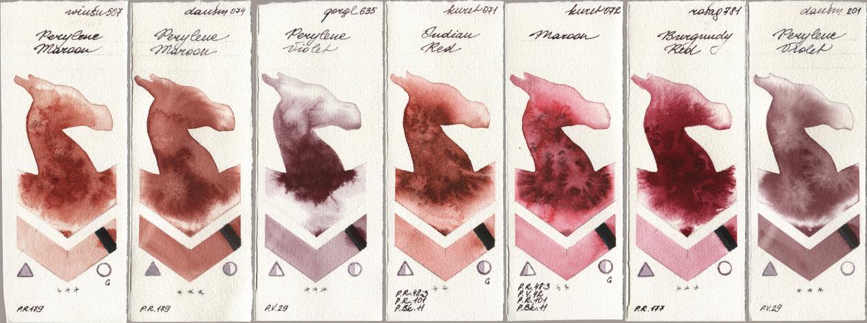 Winsor & Newton Professional 507 Perylene Maroon, Daniel Smith 074 Perylene Maroon, Golden QOR 635 Perylene Violet, Kuretake Gansai Tambi 071 Indian Red, 072 Maroon, Rosa Gallery 781 Burgundy Red, 201 Perylene Viol watercolor swatch