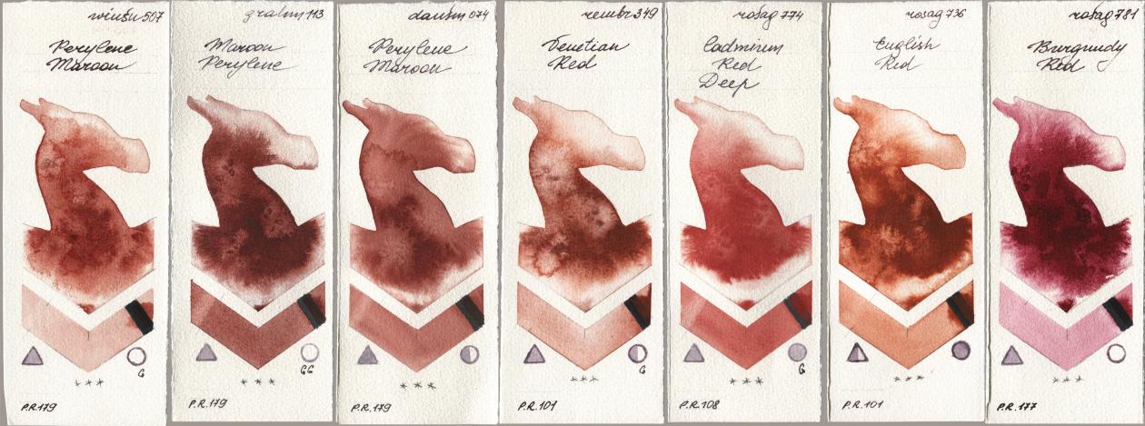 Winsor & Newton Professional 507 Perylene Maroon, M. Graham & Co. Artists 113 Maroon Perylene, Daniel Smith 074 Perylene Maroon, Royal Talens Rembrandt Watercolour 349 Venerian Red, Rosa Gallery 774 Cadmium Red Deep, 736 English Red, 781 Burgundy R watercolor swatch