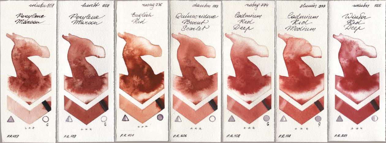 Winsor & Newton Professional 507 Perylene Maroon, Holbein Artists Watercolor 008 Perylene Maroon, Rosa Gallery 736 English Red, Daniel Smith 087 Quinacridone Burnt Scarlet, 774 Cadmium Red Deep, Shminke Horadam Aquarell 347 Cadmium Red Medium, 725 Winsor Red De watercolor swatch