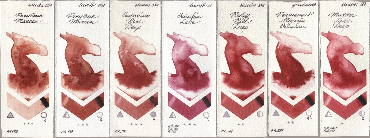 Winsor & Newton Professional 507 Perylene Maroon, Holbein Artists Watercolor 008 Perylene Maroon, Shminke Horadam Aquarell 350 Cadmium Red Deep, 010 Crimson Lake, 346 Ruby Red Deep, M. Graham & Co. Artists 129 Permanent Alizarin Crimson, 358 Madder Lake De watercolor swatch