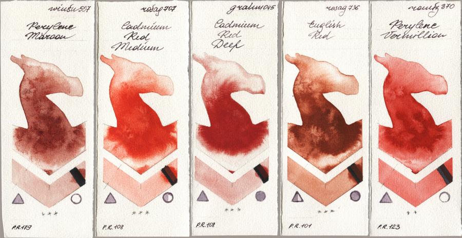 Winsor & Newton Professional 507 Perylene Maroon vs Rosa Gallery 707 Cadmium Red Medium vs M. Graham & Co. Artists 045 Cadmium Red Deep vs 736 English Red vs Roman Szmal Aquarius 370 Perylene Vermillion watercolor swatch