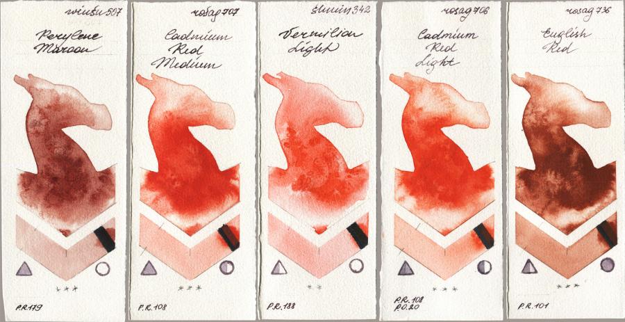 Winsor & Newton Professional 507 Perylene Maroon vs Rosa Gallery 707 Cadmium Red Medium vs Shminke Horadam Aquarell 342 Vermilion Light vs 706 Cadmium Red Light vs 736 English Red watercolor swatch