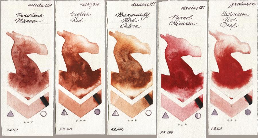 Winsor & Newton Professional 507 Perylene Maroon vs Rosa Gallery 736 English Red vs Daniel Smith 151 Burgundy Red Ochre vs 127 Pyrrol Crimson vs M. Graham & Co. Artists 045 Cadmium Red Deep watercolor swatch