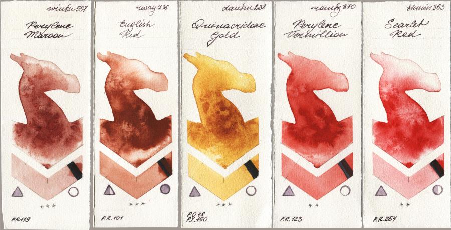Winsor & Newton Professional 507 Perylene Maroon vs Rosa Gallery 736 English Red vs Daniel Smith 238 Quinacridone Gold vs Roman Szmal Aquarius 370 Perylene Vermillion vs Shminke Horadam Aquarell 363 Scarlet Red watercolor swatch
