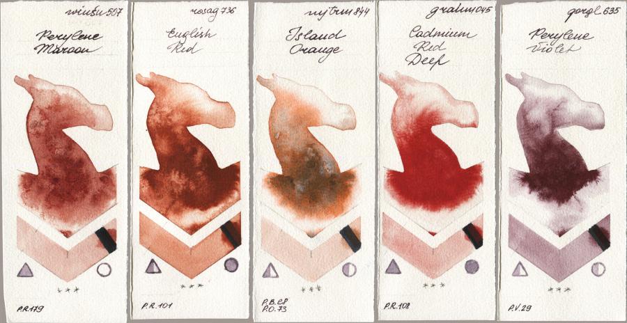 Winsor & Newton Professional 507 Perylene Maroon vs Rosa Gallery 736 English Red vs Mijello Mission Gold 844 Island Orange vs M. Graham & Co. Artists 045 Cadmium Red Deep vs Golden QOR 635 Perylene Violet watercolor swatch