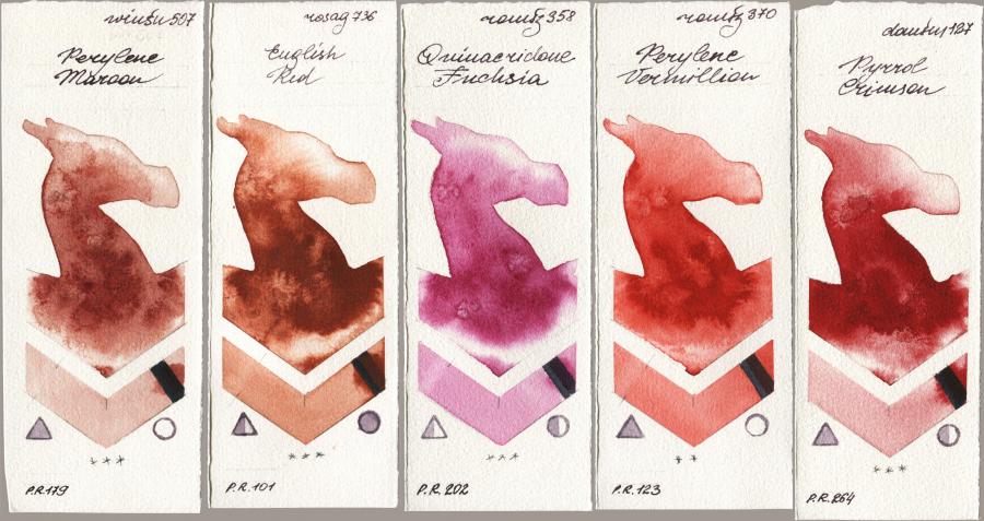 Winsor & Newton Professional 507 Perylene Maroon vs Rosa Gallery 736 English Red vs Roman Szmal Aquarius 358 Quinacridone Fuchsia vs 370 Perylene Vermillion vs Daniel Smith 127 Pyrrol Crimson watercolor swatch