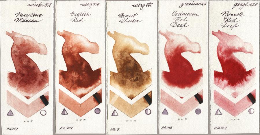 Winsor & Newton Professional 507 Perylene Maroon vs Rosa Gallery 736 English Red vs 746 Burnt Umber vs M. Graham & Co. Artists 045 Cadmium Red Deep vs Golden QOR 225 Pyrrole Red Deep watercolor swatch