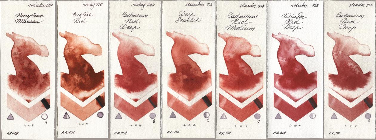 Winsor & Newton Professional 507 Perylene Maroon, Rosa Gallery 736 English Red, 774 Cadmium Red Deep, Daniel Smith 033 Deep Scarlet, Shminke Horadam Aquarell 347 Cadmium Red Medium, 725 Winsor Red Deep, 350 Cadmium Red De watercolor swatch
