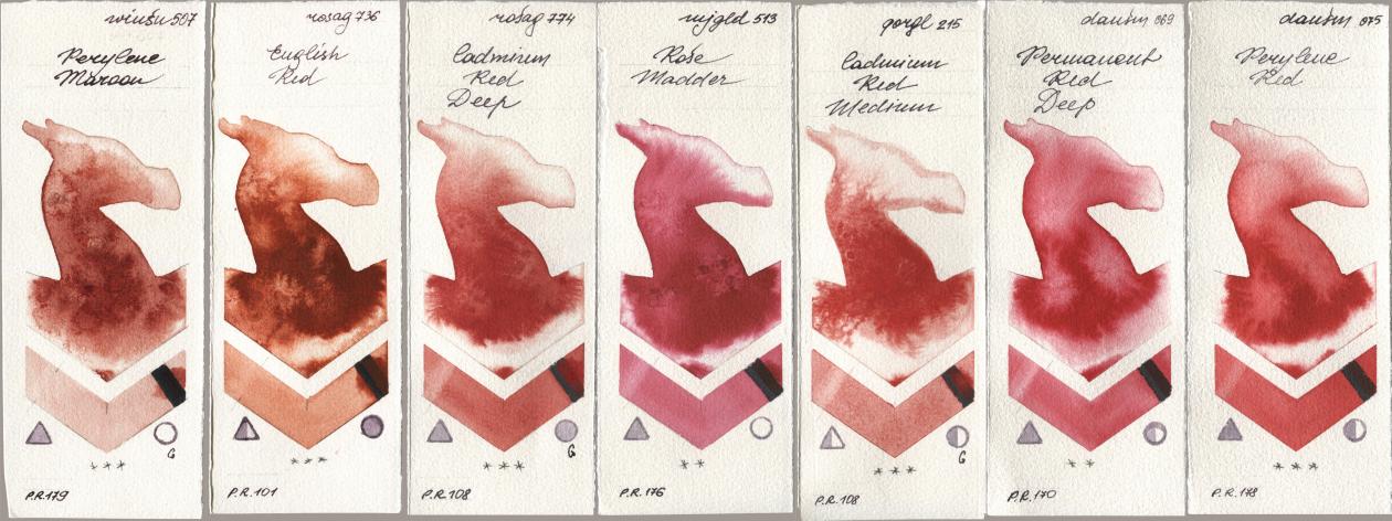 Winsor & Newton Professional 507 Perylene Maroon, Rosa Gallery 736 English Red, 774 Cadmium Red Deep, Mijello Mission Gold 513 Rose Madder, Golden QOR 215 Cadmium Red Medium, Daniel Smith 069 Permanent Red Deep, 075 Perylene R watercolor swatch
