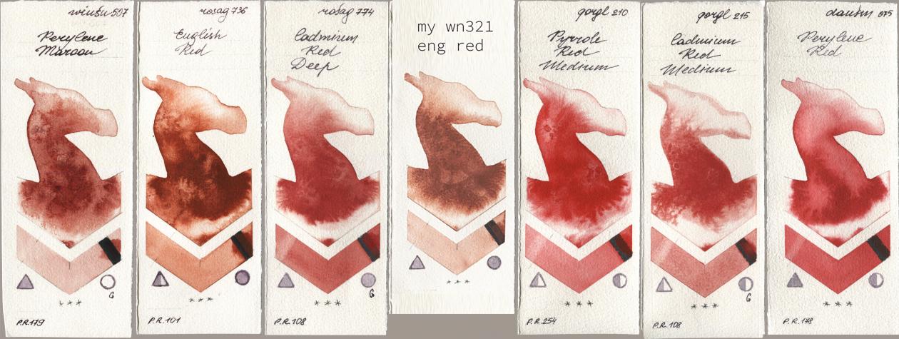 Winsor & Newton Professional 507 Perylene Maroon, Rosa Gallery 736 English Red, 774 Cadmium Red Deep, my 034 eng red, Golden QOR 210 Pyrrole Red Medium, 215 Cadmium Red Medium, Daniel Smith 075 Perylene R watercolor swatch