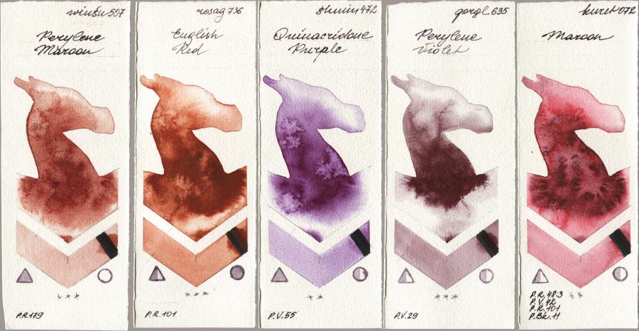 Winsor & Newton Professional 507 Perylene Maroon vs Rosa Gallery 736 English Red vs Shminke Horadam Aquarell 472 Quinacridone Purple vs Golden QOR 635 Perylene Violet vs Kuretake Gansai Tambi 072 Maroon watercolor swatch