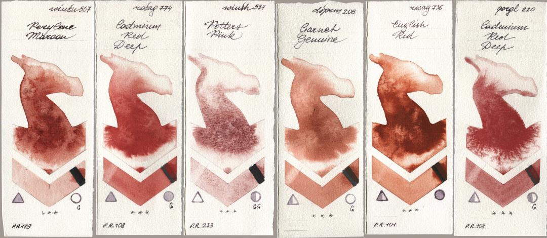 Winsor & Newton Professional 507 Perylene Maroon, Rosa Gallery 774 Cadmium Red Deep, 537 Potters Pink, Daniel Smith 205 Garnet Genuine, 736 English Red, Golden QOR 220 Cadmium Red De watercolor swatch