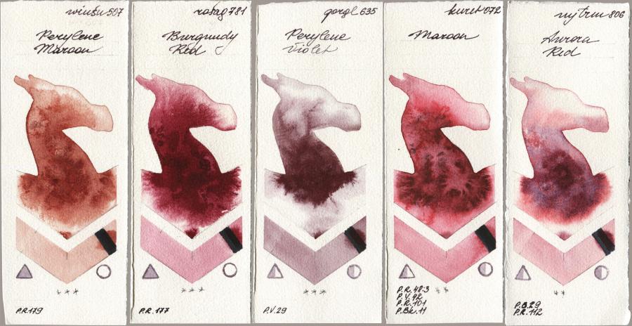 Winsor & Newton Professional 507 Perylene Maroon vs Rosa Gallery 781 Burgundy Red vs Golden QOR 635 Perylene Violet vs Kuretake Gansai Tambi 072 Maroon vs Mijello Mission Gold 806 Aurora Red watercolor swatch