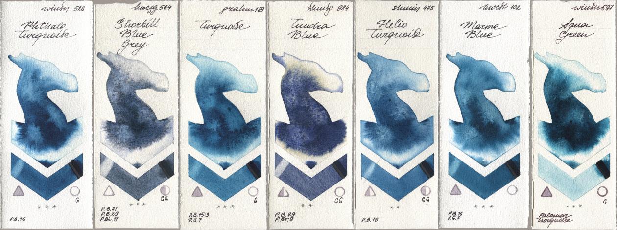 Winsor & Newton Professional 526 Phthalo Turquoise, Holbein Artists Watercolor 564 Shoebill Blue Grey, M. Graham & Co. Artists 189 Turquoise, Shminke Horadam Aquarell 984 Tundra Blue, 475 Helio Turquoise, 102 Marine Blue, 697 Aqua Gre watercolor swatch
