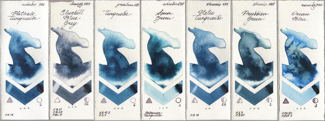 Winsor & Newton Professional 526 Phthalo Turquoise, Holbein Artists Watercolor 564 Shoebill Blue Grey, M. Graham & Co. Artists 189 Turquoise, 697 Aqua Green, Shminke Horadam Aquarell 475 Helio Turquoise, 528 Prussian Green, Roman Szmal Aquarius 344 Ocean Bl watercolor swatch