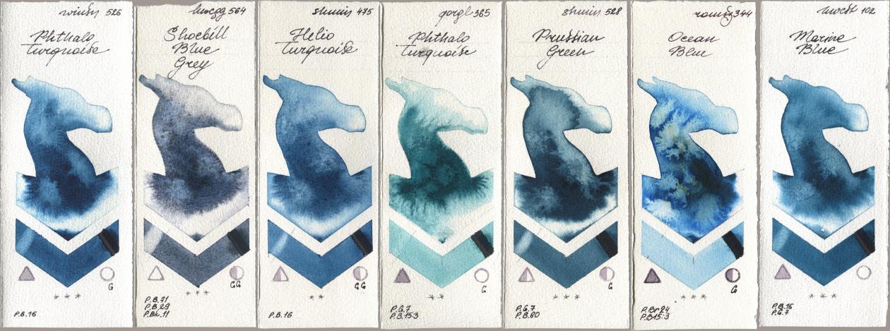Winsor & Newton Professional 526 Phthalo Turquoise, Holbein Artists Watercolor 564 Shoebill Blue Grey, Shminke Horadam Aquarell 475 Helio Turquoise, Golden QOR 365 Phthalo Turquoise, 528 Prussian Green, Roman Szmal Aquarius 344 Ocean Blue, 102 Marine Bl watercolor swatch