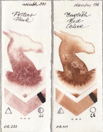 Winsor & Newton Professional 537 Potters Pink, Daniel Smith 136 English Red Och watercolor swatch