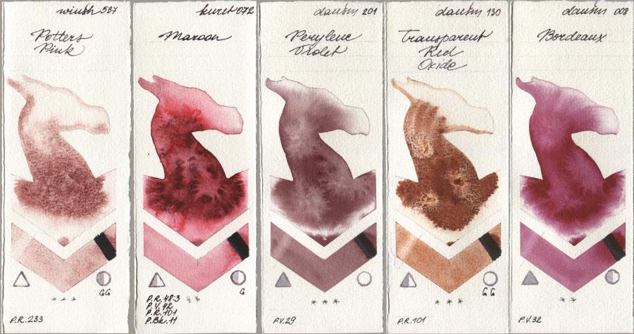 Winsor & Newton Professional 537 Potters Pink, Kuretake Gansai Tambi 072 Maroon, Daniel Smith 201 Perylene Violet, 130 Transparent Red Oxide, 008 Bordea watercolor swatch