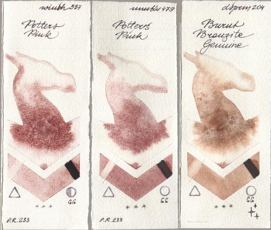 Winsor & Newton Professional 537 Potters Pink, Maimeri Blu 479 Potters Pink, Daniel Smith 204 Burnt Bronzite Genui watercolor swatch