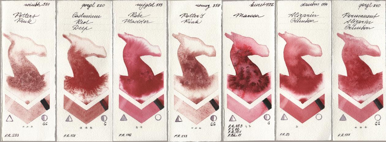 Winsor & Newton Professional 537 Potters Pink, Golden QOR 220 Cadmium Red Deep, Mijello Mission Gold 513 Rose Madder, Roman Szmal Aquarius 359 Potters Pink, Kuretake Gansai Tambi 072 Maroon, Daniel Smith 004 Alizarin Crimson, 240 Permanent Alizarin Crims watercolor swatch
