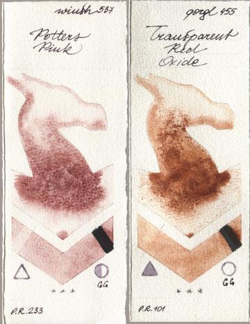 Winsor & Newton Professional 537 Potters Pink, Golden QOR 455 Transparent Red Oxi watercolor swatch