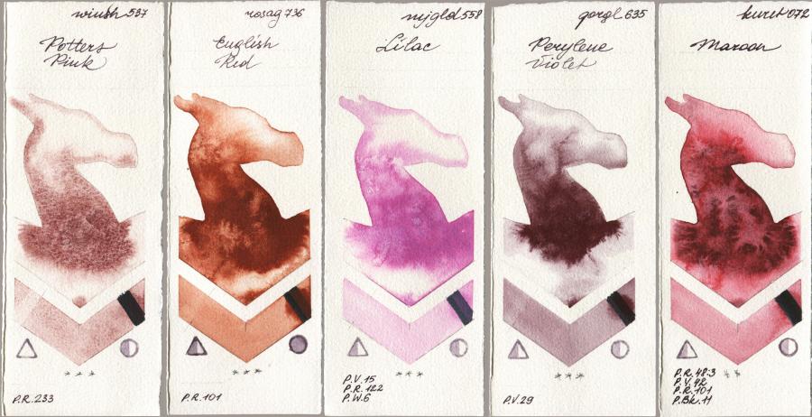 Winsor & Newton Professional 537 Potters Pink vs Rosa Gallery 736 English Red vs Mijello Mission Gold 558 Lilac vs Golden QOR 635 Perylene Violet vs Kuretake Gansai Tambi 072 Maroon watercolor swatch