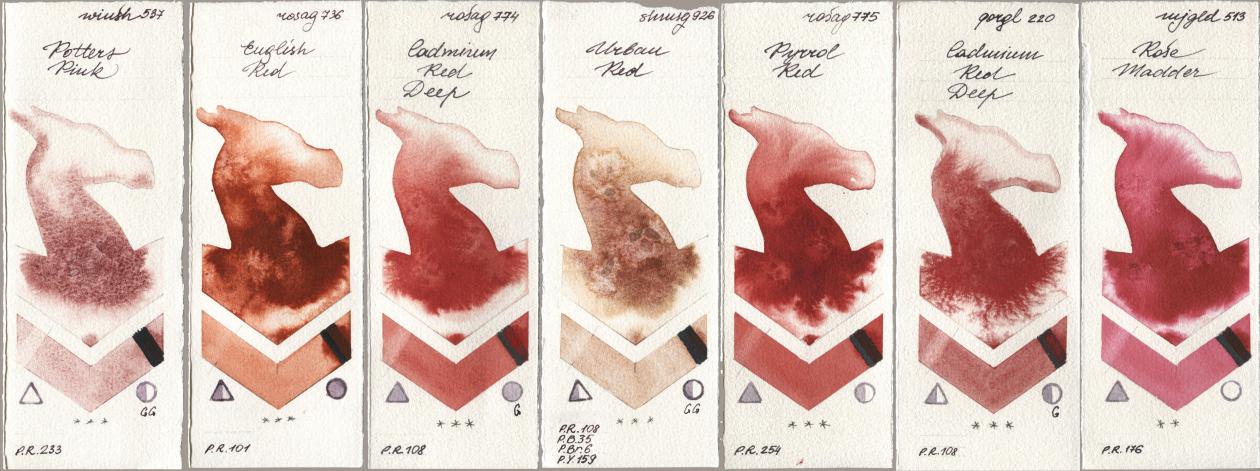 Winsor & Newton Professional 537 Potters Pink, Rosa Gallery 736 English Red, 774 Cadmium Red Deep, Shminke Horadam Aquarell 926 Urban Red, 775 Pyrrole Red, Golden QOR 220 Cadmium Red Deep, Mijello Mission Gold 513 Rose Madd watercolor swatch